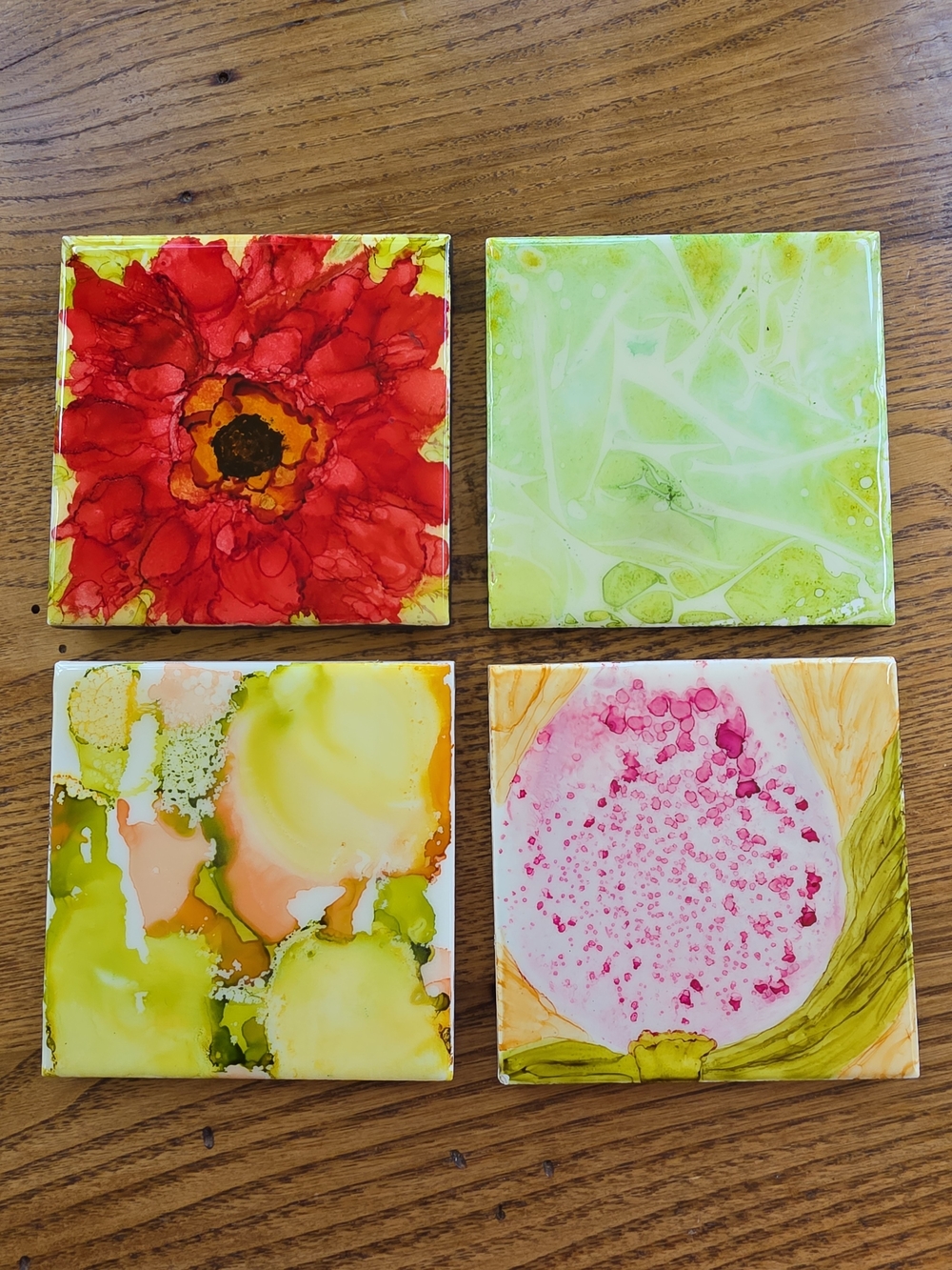 4 Handcrafted Ceramic Tile Art Coaster Set – Red, Green, Pink, Yellow